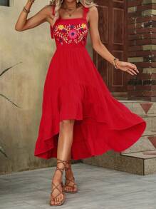 SHEIN VCAY 花卉刺繡肩上打結高低下擺吊帶洋裝