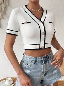 SHEIN Privé Striped Trim Button Front Knit White Top,Knitted Sweater - White - View 4