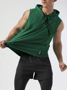 GymBeat Men Drawstring Hooded Sports Tank Top - Dark Green - View 1