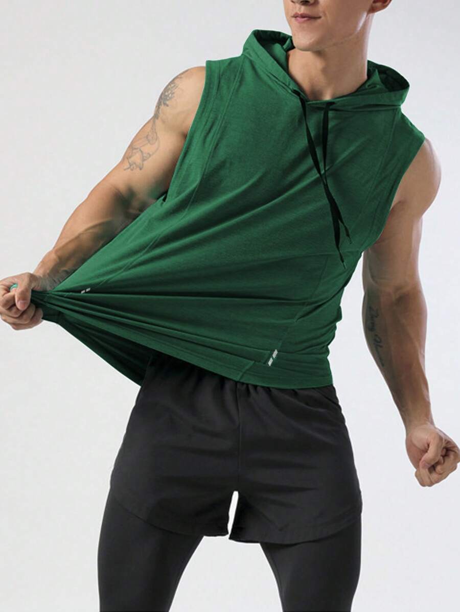 GymBeat Men Drawstring Hooded Sports Tank Top - Dark Green - View 1