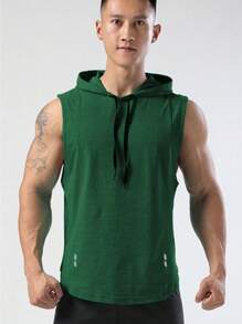 GymBeat Men Drawstring Hooded Sports Tank Top - Dark Green - View 3