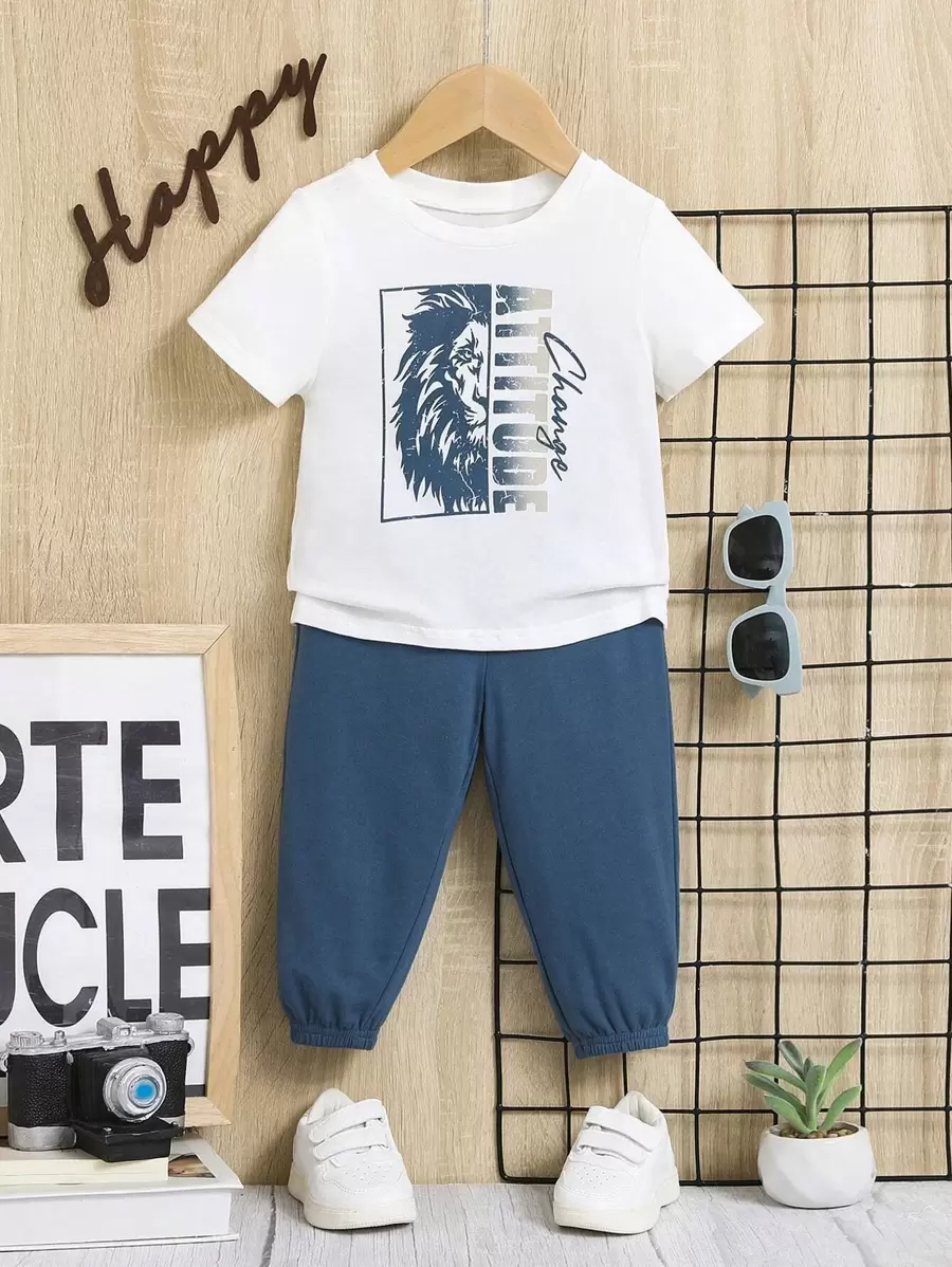 SHEIN Baby Boy Lion & Letter Graphic Tee & Sweatpants - Blue and White - View 1