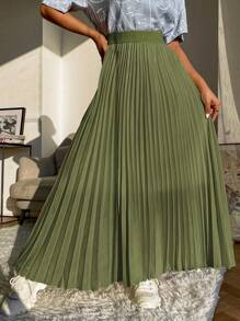 Seusyu Solid Pleated Skirt - Olive Green - View 1