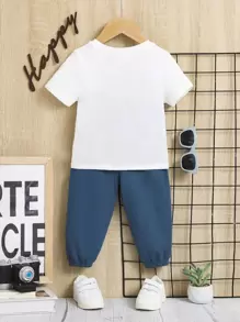 SHEIN Baby Boy Lion & Letter Graphic Tee & Sweatpants - Blue and White - View 2