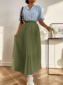 Seusyu Solid Pleated Skirt - Olive Green - View 4