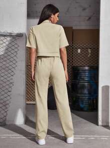 Mulvari Flap Pocket Button Up Blouse & Straight Leg Pants 2 Piece Set - Apricot - View 2