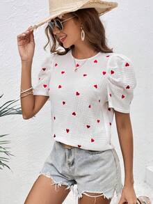 SHEIN VCAY Heart Print Puff Sleeve Blouse - White - View 4