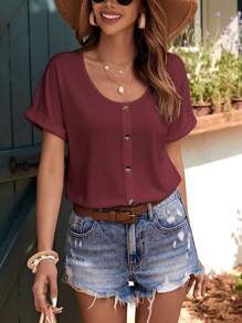 SHEIN LUNE 素色前紐扣蝙蝠袖T恤 - 酒紅色 - 查看 1