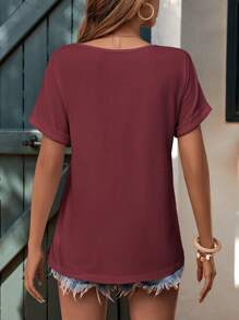 SHEIN LUNE 素色前紐扣蝙蝠袖T恤 - 酒紅色 - 查看 2