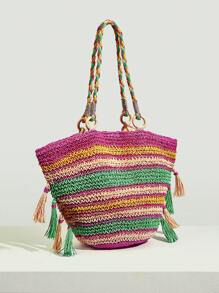 SHEIN VCAY 撞色草編包流蘇裝飾大碼適用於度假 - 彩色 - 查看 5