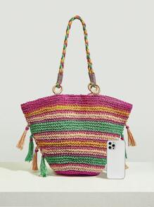 SHEIN VCAY 撞色草編包流蘇裝飾大碼適用於度假 - 彩色 - 查看 8