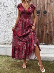 SHEIN LUNE Paisley Print Ruffle Hem Dress - Red - View 5