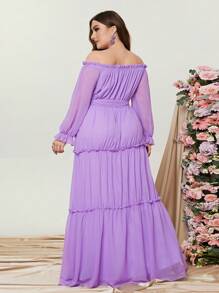 Plus Off Shoulder Flounce Sleeve Ruffle Hem Belted Dress - Purple - View 2