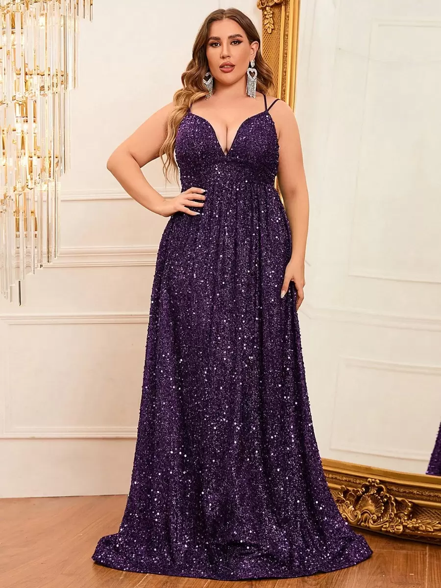 Plus Plunging Neck Sequins Cami Dress - Purple - View 1