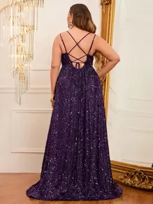 Plus Plunging Neck Sequins Cami Dress - Purple - View 2