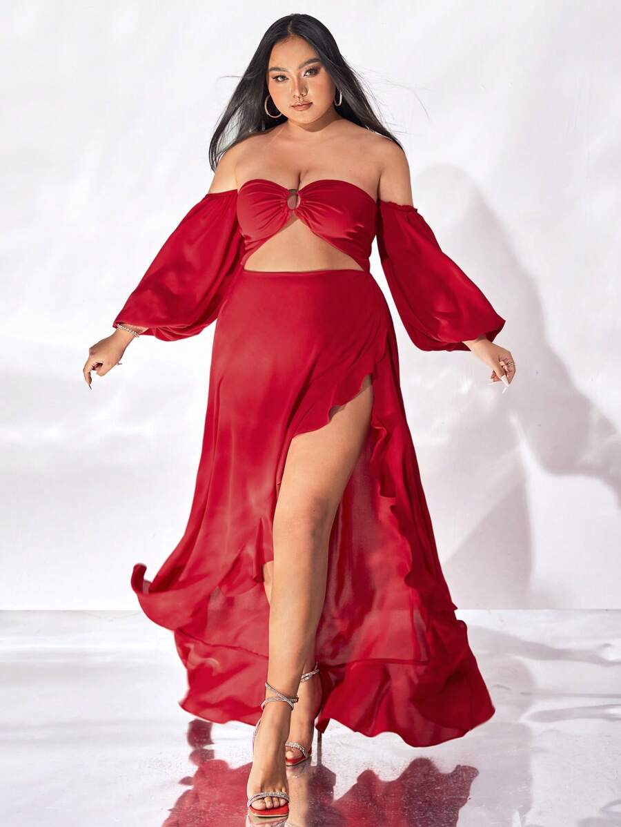 evoluSHEIN X Anitta Plus Off Shoulder Lantern Sleeve Cut Out Split Thigh Dress - Red - View 1