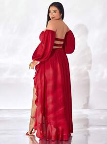 evoluSHEIN X Anitta Plus Off Shoulder Lantern Sleeve Cut Out Split Thigh Dress - Red - View 2
