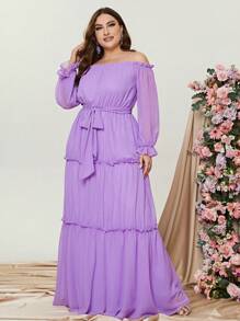 Plus Off Shoulder Flounce Sleeve Ruffle Hem Belted Dress - Purple - View 4