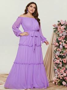 Plus Off Shoulder Flounce Sleeve Ruffle Hem Belted Dress - Purple - View 6
