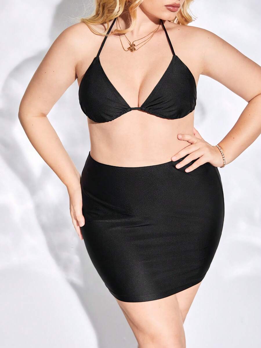 evoluSHEIN X Anitta Plus Tie Backless Halter Top & Bodycon Skirt - Black - View 1