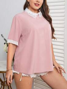 SHEIN Privé Blusa con encaje en contraste cuello de espalda con abertura de ojo - Rosa Pálido - Ver 5