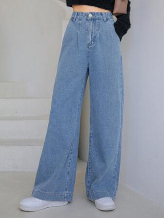 Jeans À Jambe ample Taille Haute Avec Poches Biais