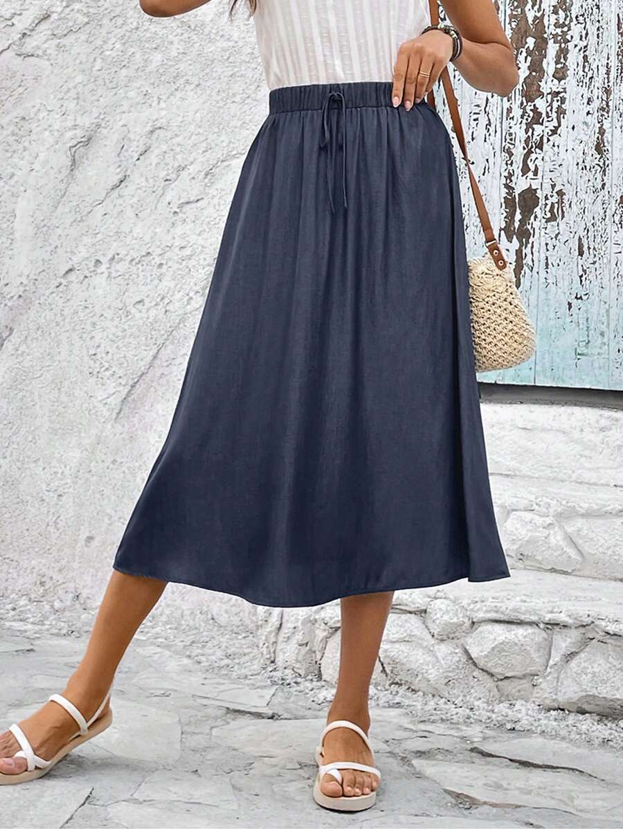 EMERY ROSE Solid Drawstring Waist Skirt - Navy Blue - View 1