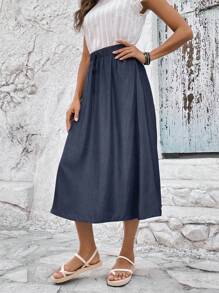 EMERY ROSE Solid Drawstring Waist Skirt - Navy Blue - View 3