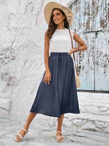 EMERY ROSE Solid Drawstring Waist Skirt - Navy Blue - View 6