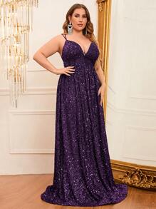 Plus Plunging Neck Sequins Cami Dress - Purple - View 5