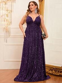 Plus Plunging Neck Sequins Cami Dress - Purple - View 8