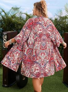 SHEIN VCAY Plus Paisley Print Split Hem Open Front Kimono For Summer Beach Vacation - Multicolor - View 1