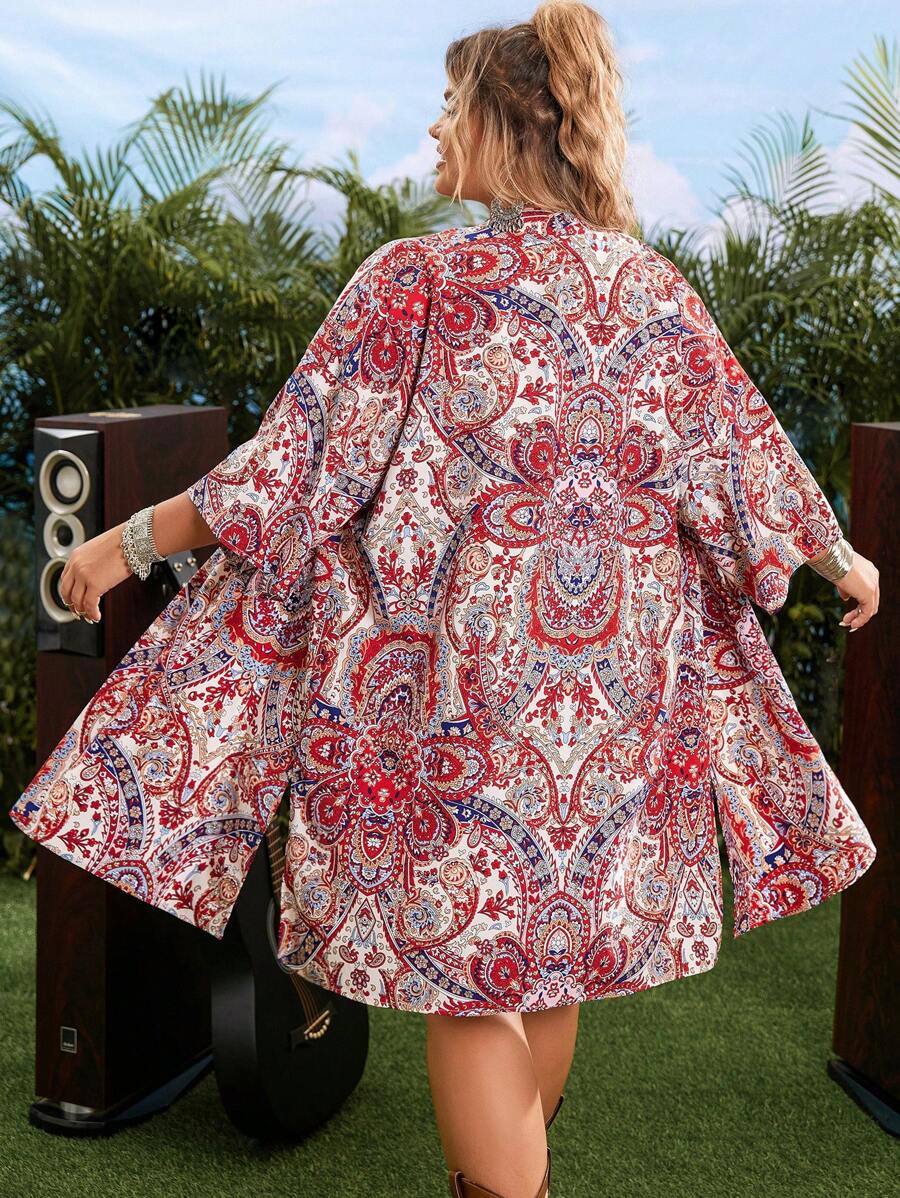 SHEIN VCAY Plus Paisley Print Split Hem Open Front Kimono For Summer Beach Vacation - Multicolor - View 1
