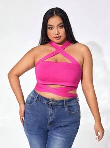 evoluSHEIN X Anitta Áo hai dây Plus Size Lộ Lưng Hội Chữ thập Buộc lại màu trơn Giải trí - Màu Hồng Tươi - Xem 1