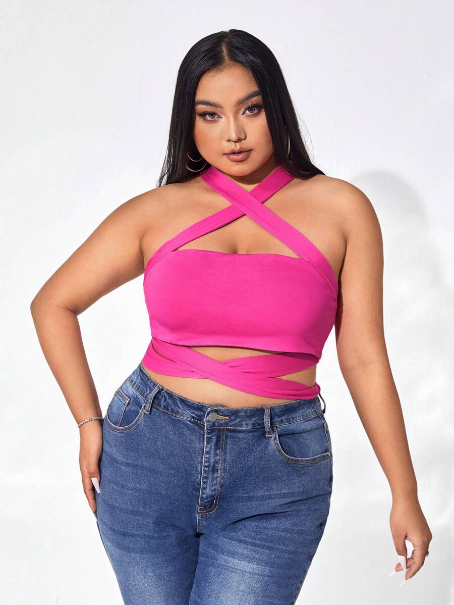 evoluSHEIN X Anitta Áo hai dây Plus Size Lộ Lưng Hội Chữ thập Buộc lại màu trơn Giải trí - Màu Hồng Tươi - Xem 1