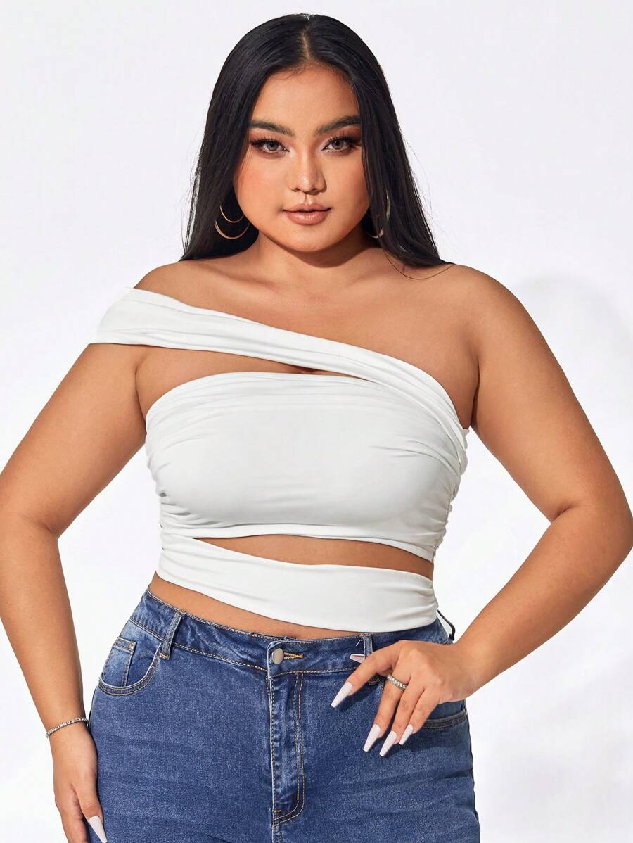 evoluSHEIN X Anitta áo nữ kích thước lớn Cắt ra Xù màu trơn Giải trí - trắng - Xem 1