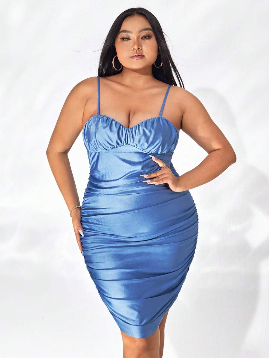 evoluSHEIN X Anitta Vestido ajustado de tirantes fruncido bustier - Azul - Ver 1