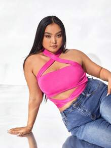 evoluSHEIN X Anitta Áo hai dây Plus Size Lộ Lưng Hội Chữ thập Buộc lại màu trơn Giải trí - Màu Hồng Tươi - Xem 5