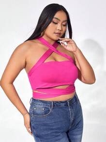 evoluSHEIN X Anitta Áo hai dây Plus Size Lộ Lưng Hội Chữ thập Buộc lại màu trơn Giải trí - Màu Hồng Tươi - Xem 7