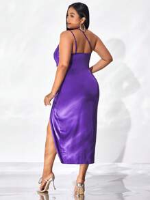 evoluSHEIN X Anitta Plus One Shoulder Twist Front Satin Dress - Violet Purple - View 2