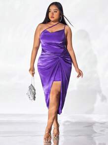 evoluSHEIN X Anitta Plus One Shoulder Twist Front Satin Dress - Violet Purple - View 6