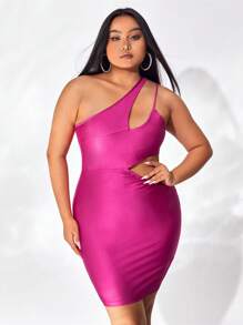 evoluSHEIN X Anitta 大碼單肩鏤空緊身連衣裙 - 玫紅色 - 查看 1