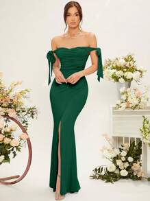 SHEIN Belle Abito da damigella con spalle scoperte, nodo laterale, arricciatura laterale e orlo avvolto, elegante abito da sera formale per balli, feste di laurea, cene e matrimoni