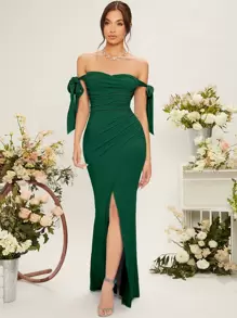 SHEIN Belle Abito da damigella con spalle scoperte, nodo laterale, arricciatura laterale e orlo avvolto, elegante abito da sera formale per balli, feste di laurea, cene e matrimoni