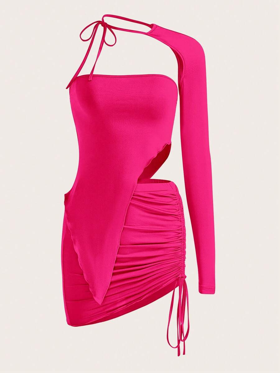 SHEIN ICON Solid Asymmetrical Tube Top & Drawstring Side Skirt With One Sleeve - Hot Pink - View 1