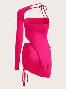 SHEIN ICON Solid Asymmetrical Tube Top & Drawstring Side Skirt With One Sleeve - Hot Pink - View 2