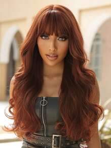 Long Curly Synthetic Wig With Bangs - Red - View 1
