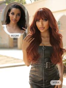 Long Curly Synthetic Wig With Bangs - Red - View 3