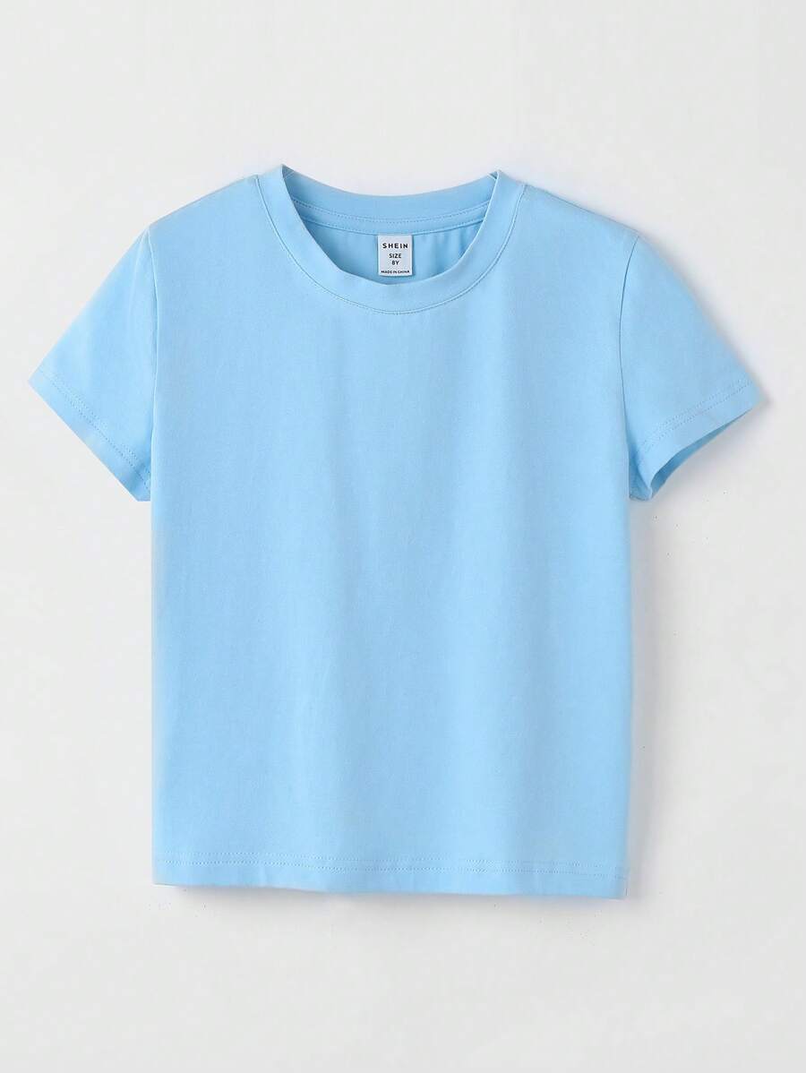 SHEIN Tween Girl Solid Crew Neck Tee - Baby Blue - View 1