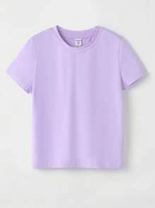 SHEIN Tween Girl Short Sleeve Casual Solid Color Round Neck T-Shirt, Summer - Lilac Purple - View 1